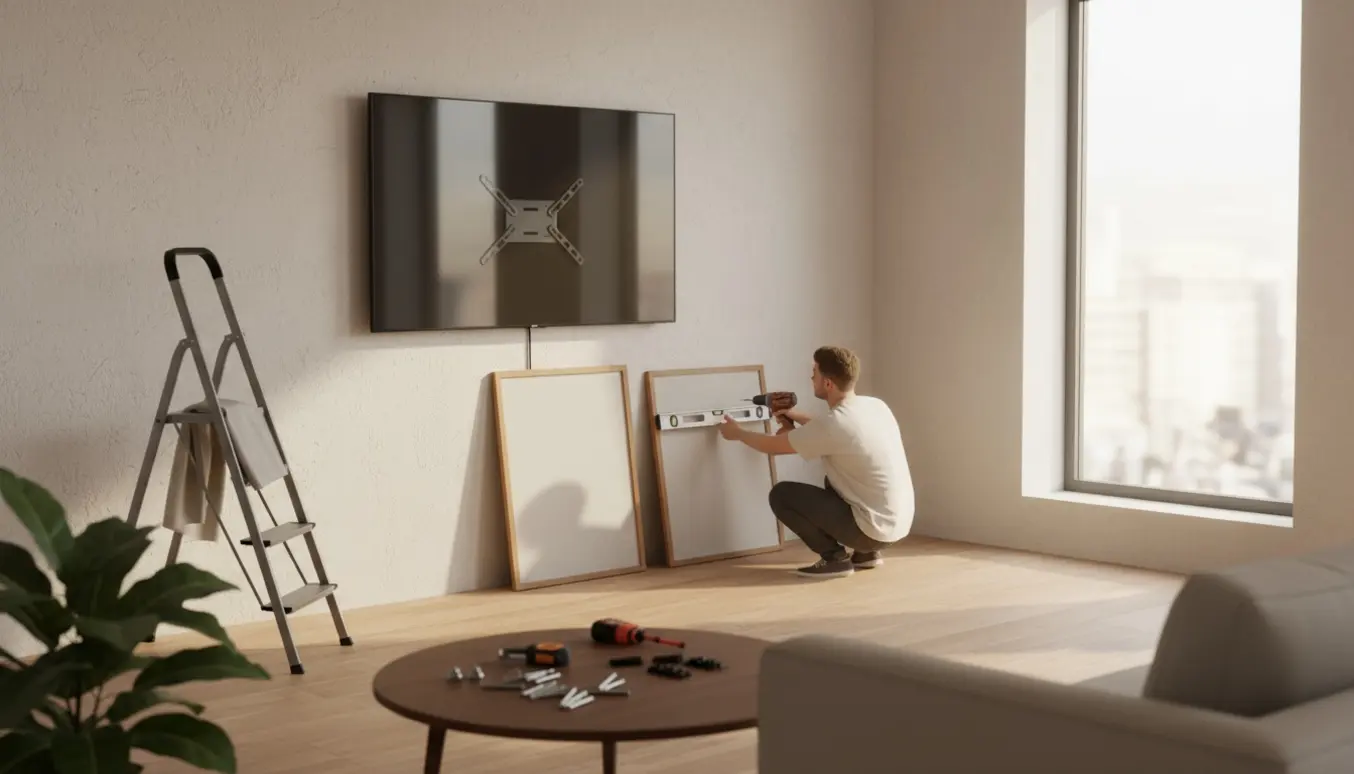 Fjernsyn monteres på væggen, mens to indrammede billeder hænges op i et lyst, moderne opholdsområde.