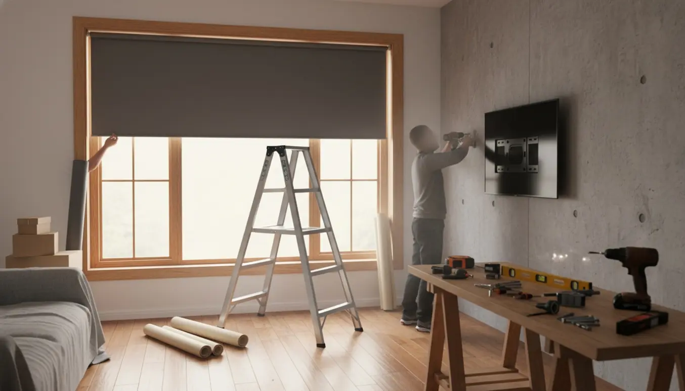 Installatør monterer gardin i træramme og hænger et 50" TV op på betonvæg, med stige og værktøj synligt.