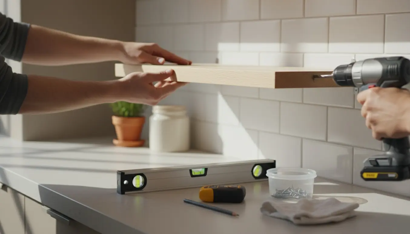 Hænder monterer en lille svævende træhylde over et køkkenbord med bor, vaterpas og materialer.