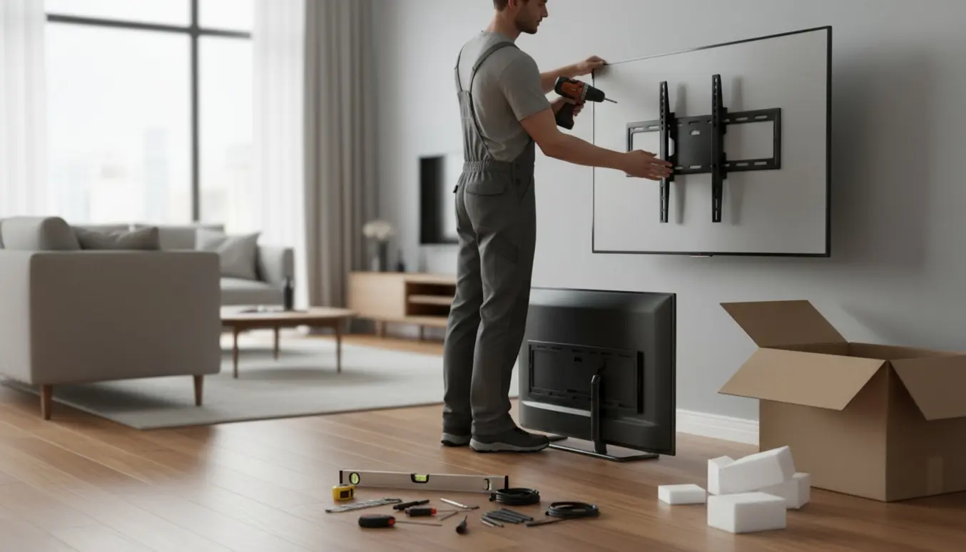 Uidentificerede hænder monterer et nyt tv på væggen i en lys stue med værktøj og en åben tv-kasse.