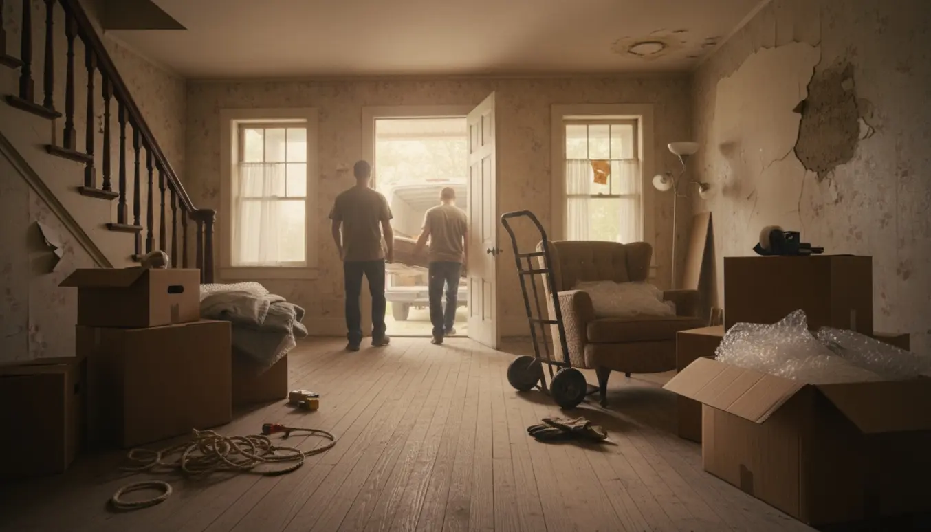 Flytning i et slidt hus med flyttekasser, trillebør og personer set bagfra.