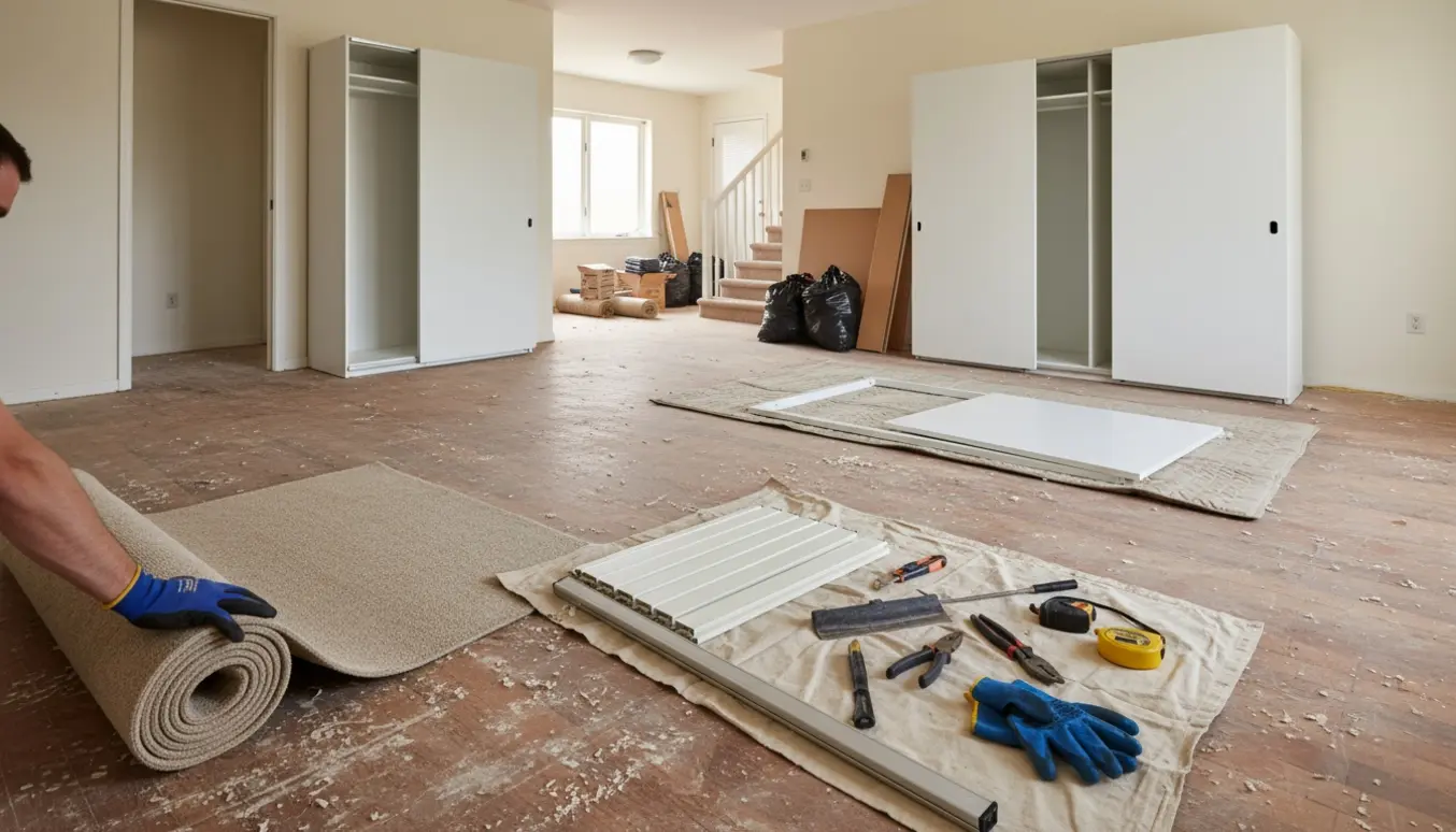 Delvist fjernet gulvtæppe og nedtagne lamelgardiner i en lys lejlighed, klar til storskrald.