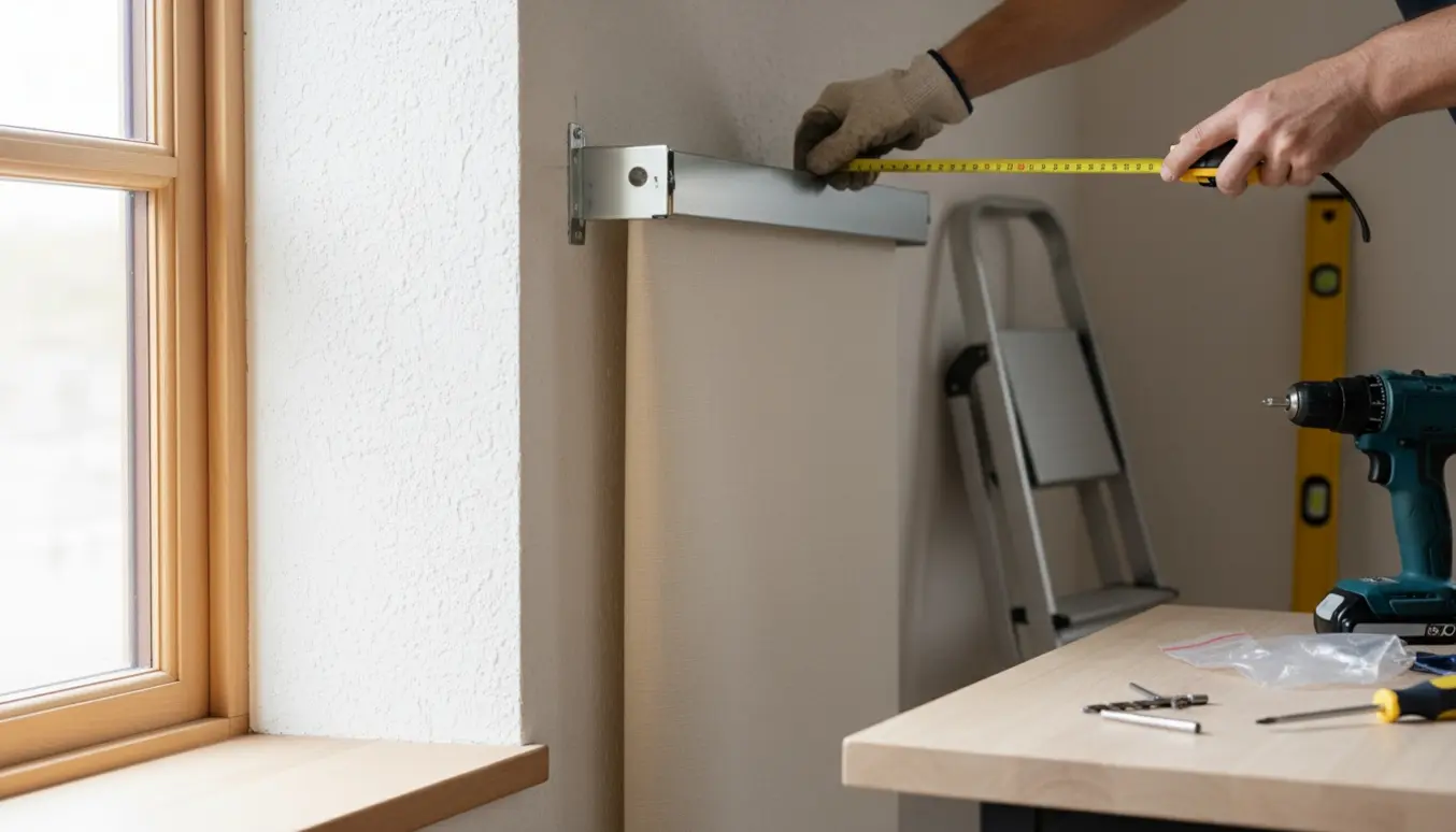 Nærbillede af hænder, der holder et bredt rullegardin op mod en væg med værktøj spredt på bordet.