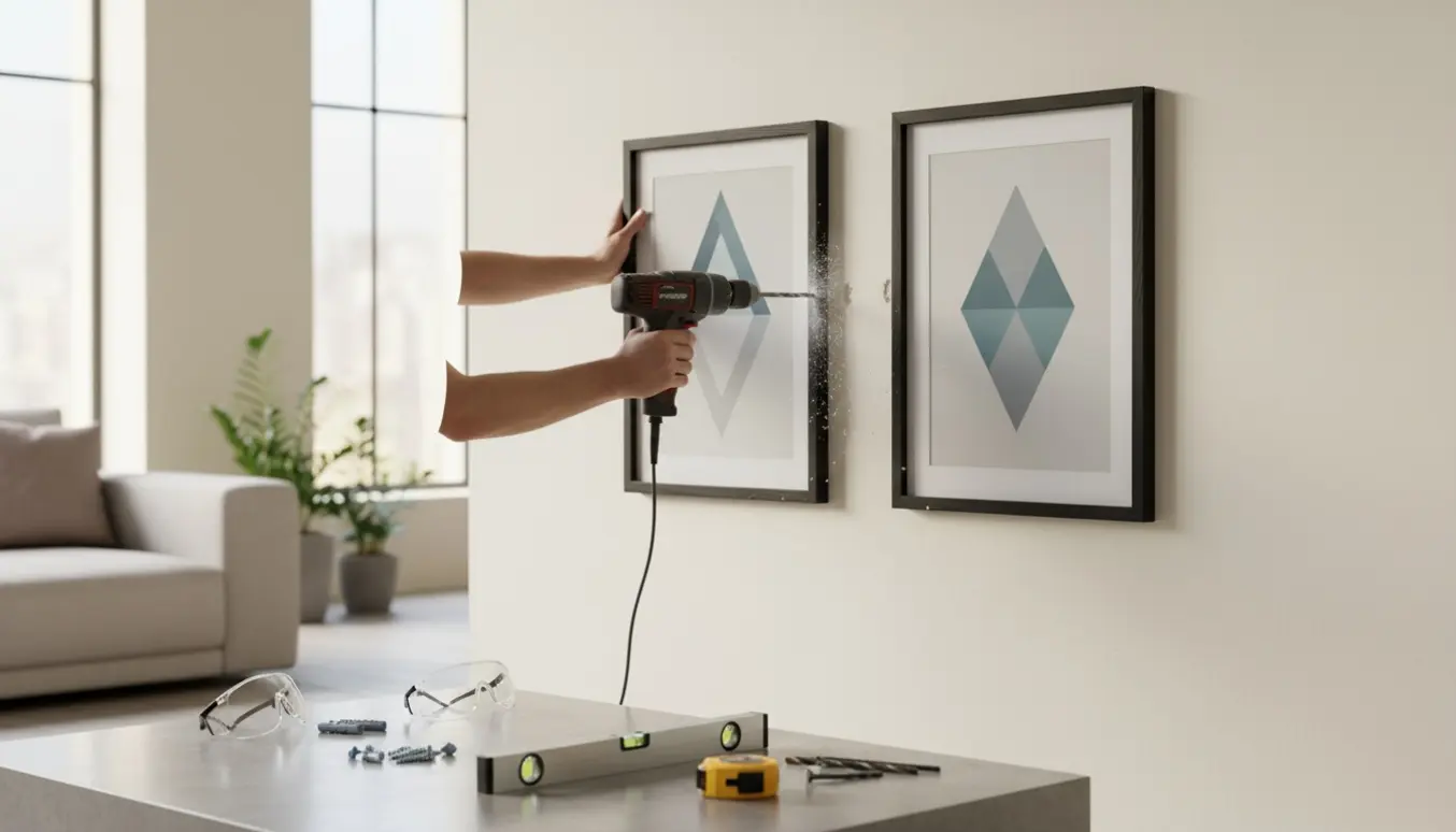 Hænder borer i en væg for at ophænge to 50x70 cm billedrammer med værktøj i forgrunden.