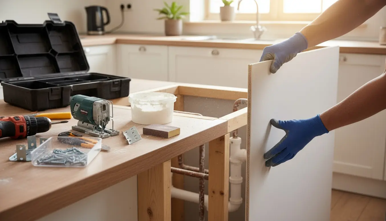 Nærbillede af hænder, der monterer en gipsplade omkring rør under en køkkenbordplade.