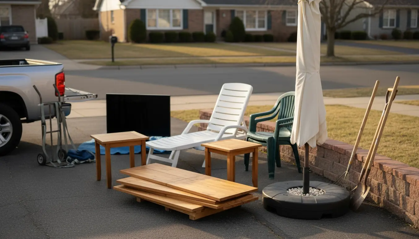 Storskrald samlet på en indkørsel med adskilt fyrretræsbord, lille sofabord, solseng, parasol med fod, havestol, haveredskaber og en fladskærm.
