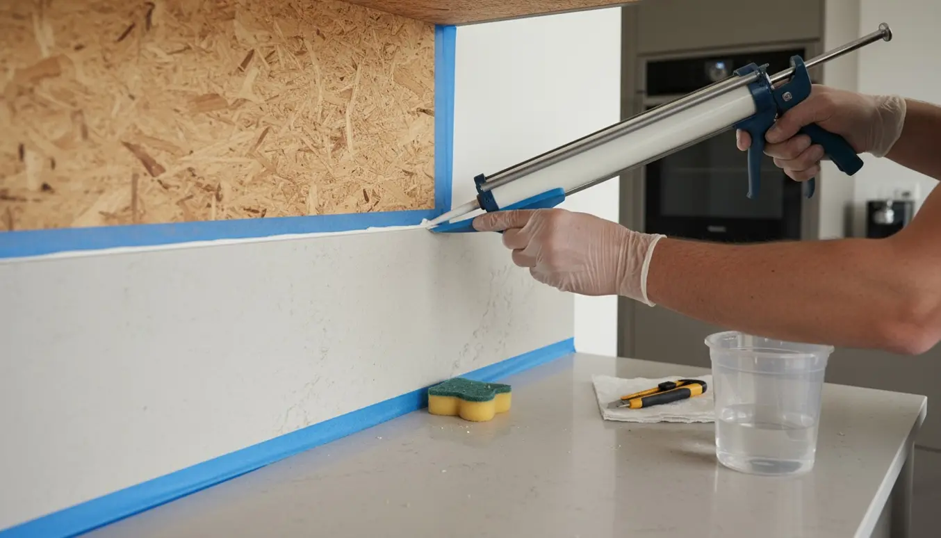 Hænder fuge mellem troldtekt-loft og væg samt langs køkkenbordplade mod stenvæg med fugepistol og værktøj på bordet.