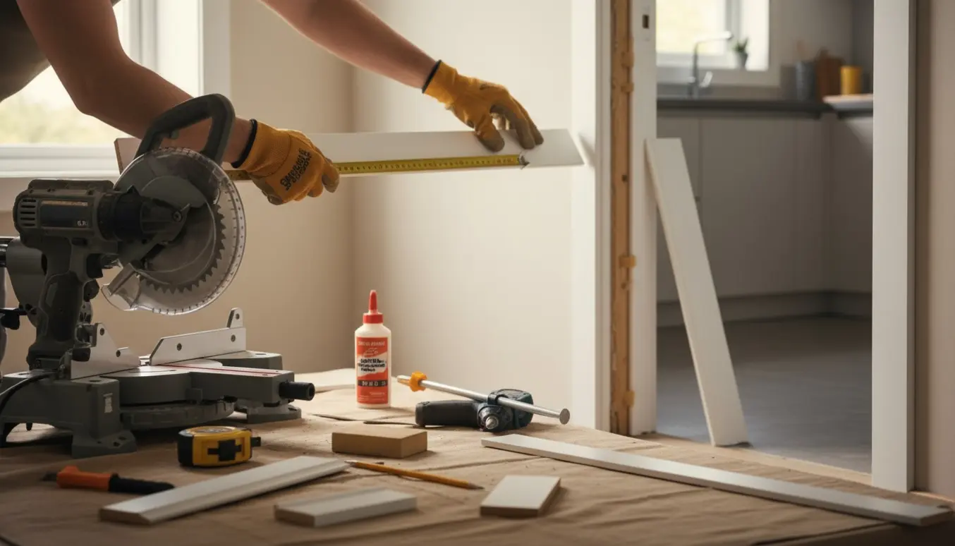 Nærbillede af hænder, der måler og monterer lister ved en døråbning med værktøj og delvist installeret badeværelseskarme i baggrunden.