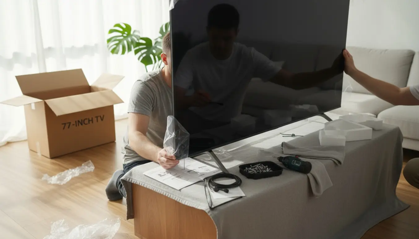 To personer monterer en stor tv-skærm på fod på en træ-tv-reol med emballage og værktøj omkring dem.