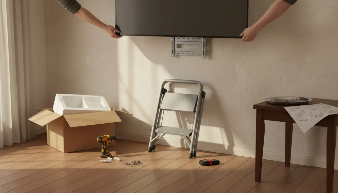 En 65-tommer fladskærm monteres på et vægbeslag med værktøj og skruer synlige.
