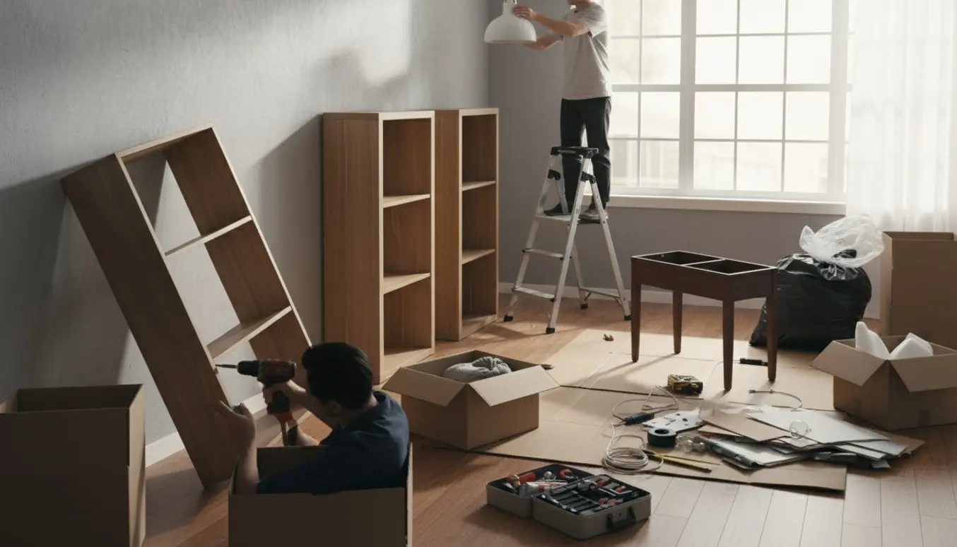 Hænder samler to reoler og en musikbænk i et lyst rum, mens en lampe installeres.