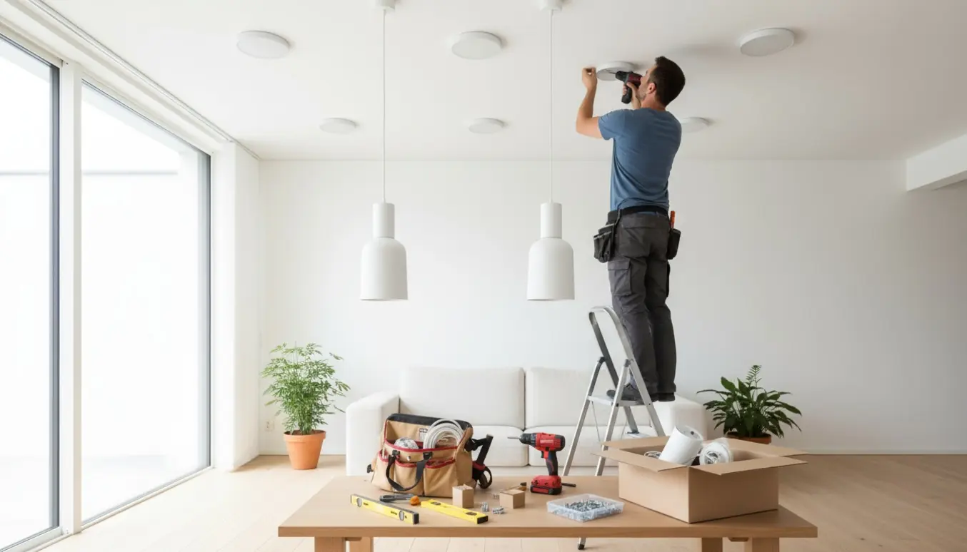 Håndværker monterer fire indbygningsloftslamper og to hvide hængelamper i en lys stue med værktøj og stige.