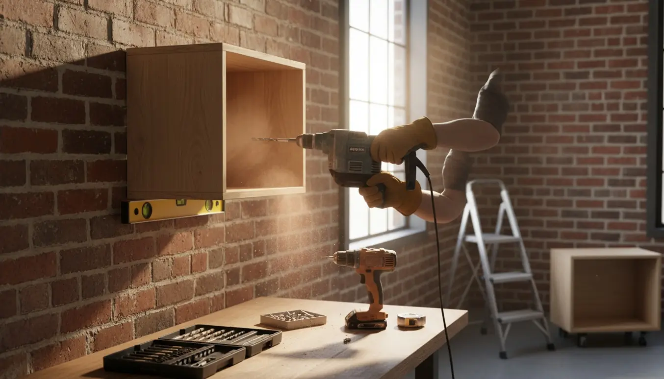 Ophængning af en bogkasse på en rå murstensvæg med boremaskine, vaterpas og værktøj.