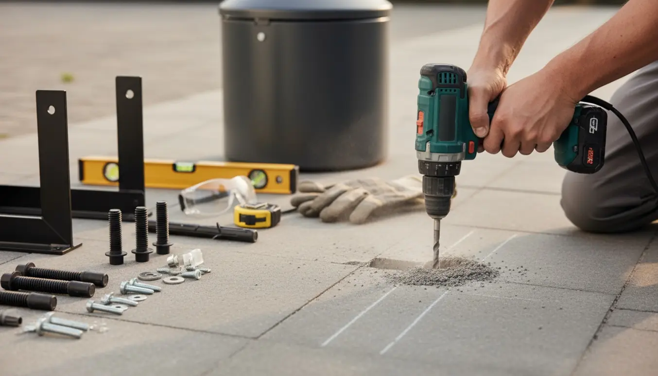 Nærbillede af hænder, der borer fem huller i beton for at sætte et udendørs skraldestativ op.