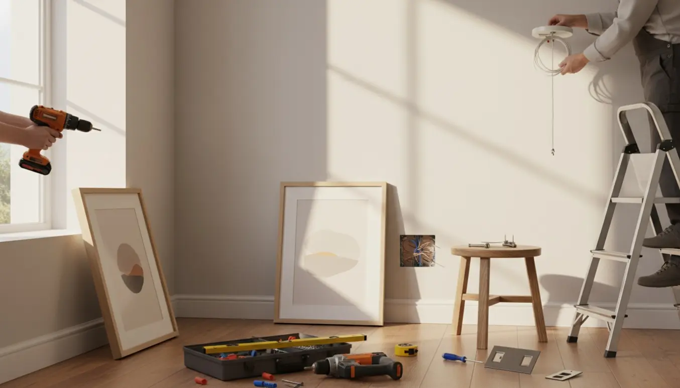 Hænder monterer to indrammede billeder, en dæmperkontakt og en simpel loftlampe i en lejlighed med værktøj og en stige.