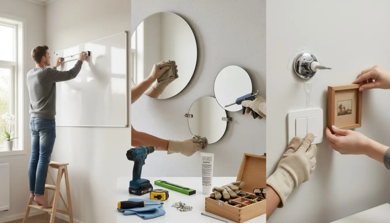 Hyperrealistisk billede af forskellige små håndværksopgaver: opsætning af whiteboard og spejle, fastlimning af stikkontakt og toiletknap og ophængning af et billede på træplade.