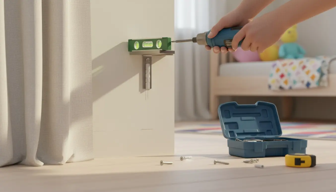 Nærbillede af hænder, der monterer gardinbeslag i en gipsvæg med rawlplugs og skruer.