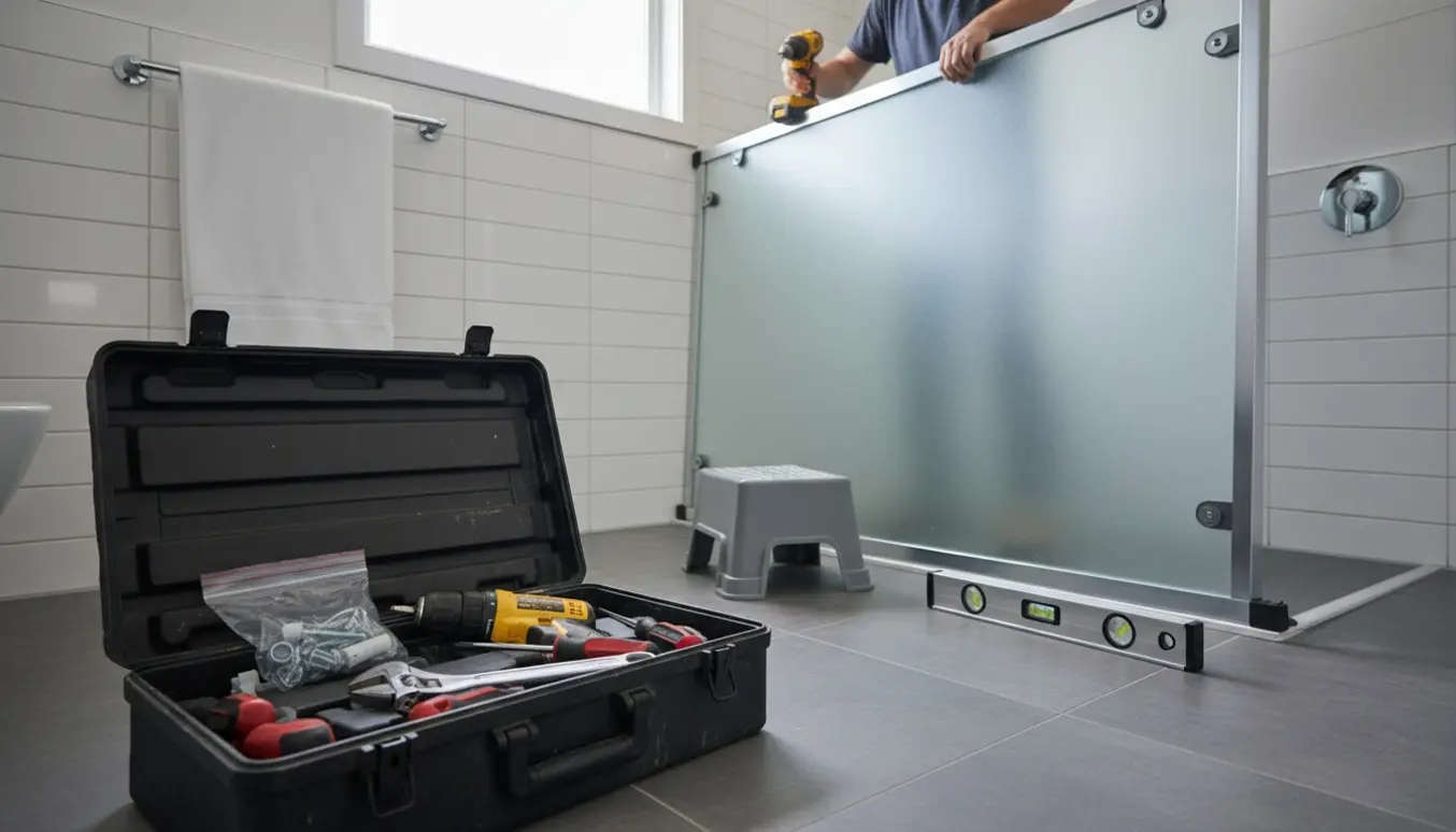 Hænder genmonterer en frosted skydedør på badeværelset med skinner, ruller og værktøj synligt.