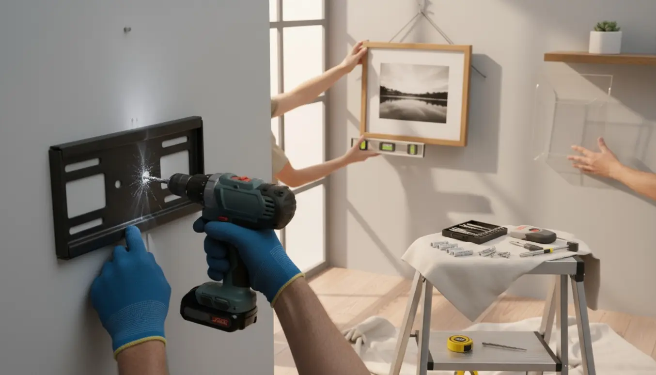Hænder monterer billedramme, brochureholder og tv-beslag på en gipsvæg med værktøj ved siden af.