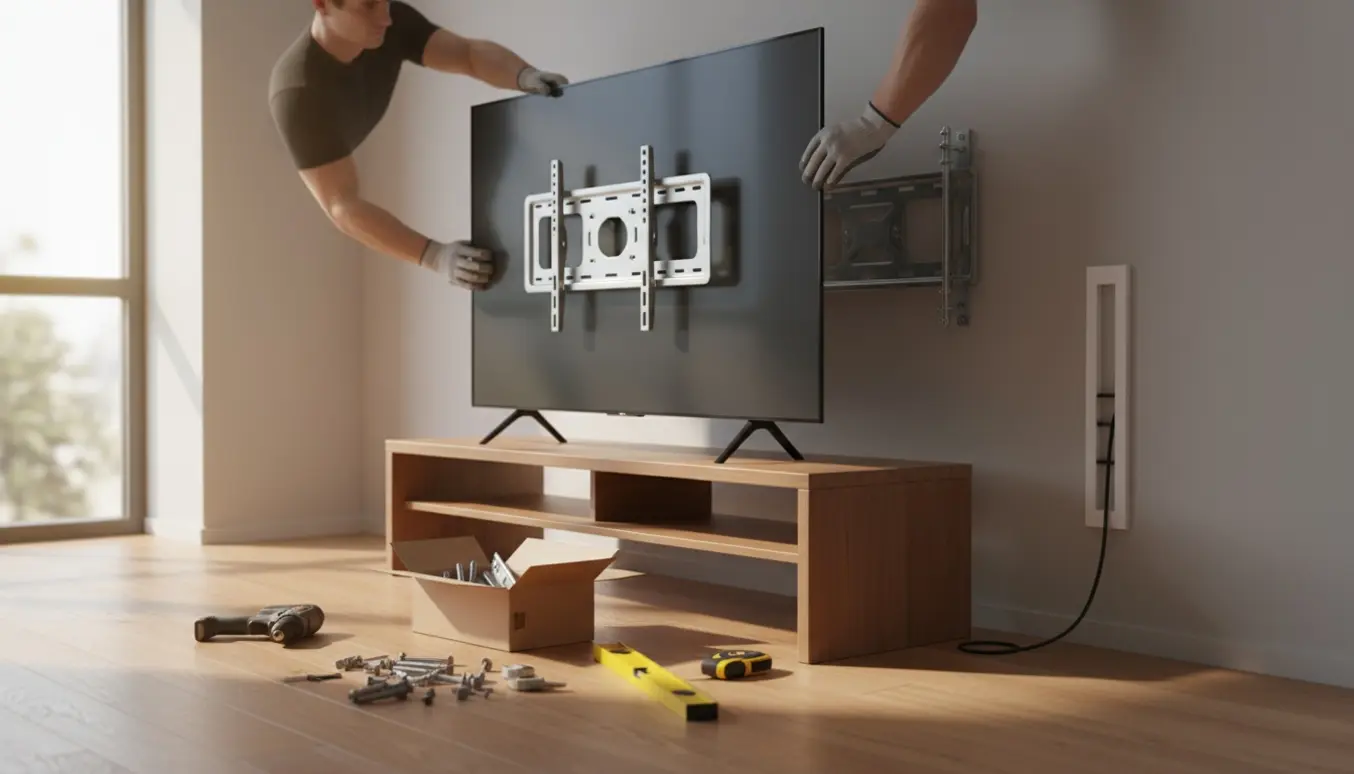 Stor fladskærm hænges op på væg med synlig kabelkanal og monteringsbeslag.
