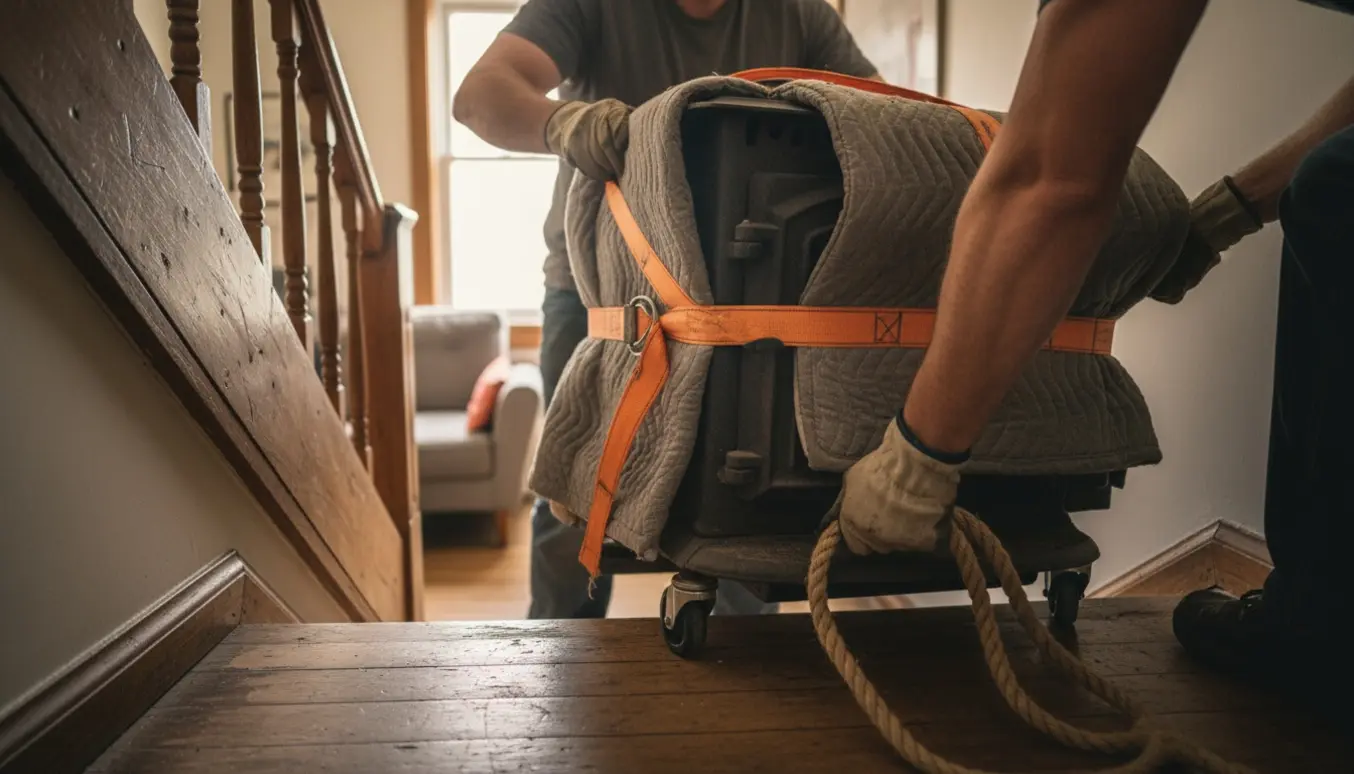 To personer bærer en tung, indpakket brændeovn ned ad en stejl indendørs trappe med seler og dolly.