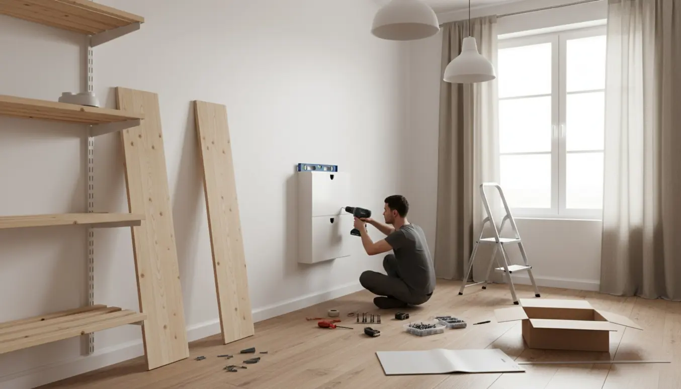 Hænder monterer skoskab med boremaskine i et lyst rum med delvist opsatte Ivar-reoler, gardin og lampe.