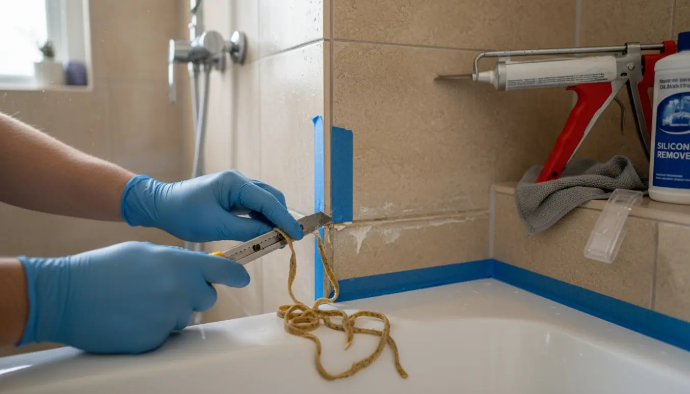 Hænder i handsker fjerner gammel elastisk fuge i et lille badeværelseshjørne med fugepistol og værktøj klar.