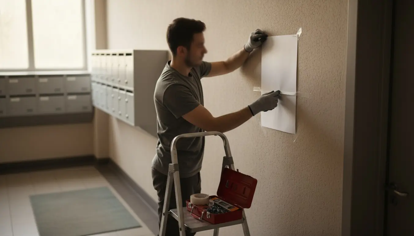 Hænder hænger et tomt opslag op på væggen i en opgang fra en trinladder.