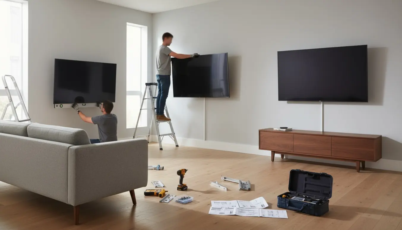 Tre fladskærms-tv bliver monteret på tre vægge i en moderne stue, med teknikernes hænder og skjulte kabler.