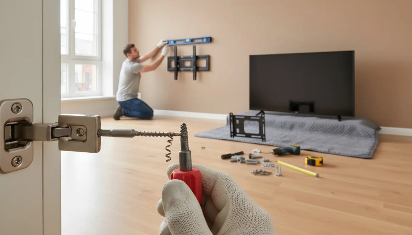 Hænder fjerner en fastsiddende skrue ved et skab, mens et 40-tommer TV er monteret i øjenhøjde og et 50-tommer TV står klar med monteringsværktøj i et lyst stueinteriør.