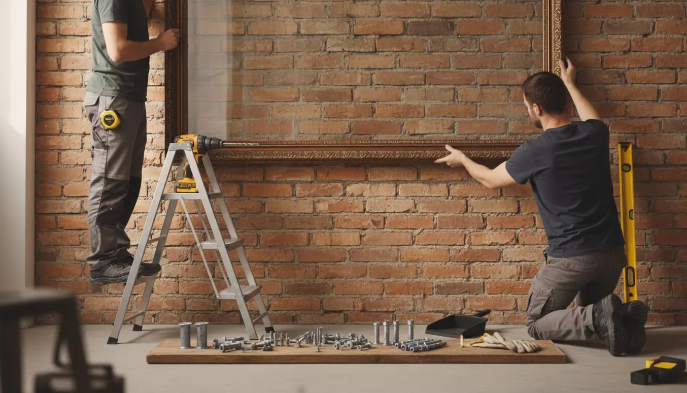 To personer hænger et stort indrammet billede op på en muret væg, kun hænder og overkrop synlige.