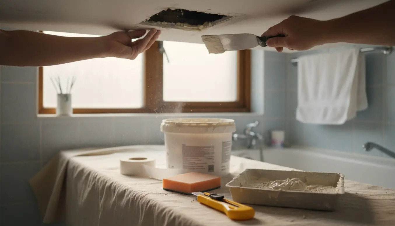 Tæt billede af hænder, der monterer og spartler en gipspladelap i et ca. 15x15 cm hul i et badeværelsesloft.