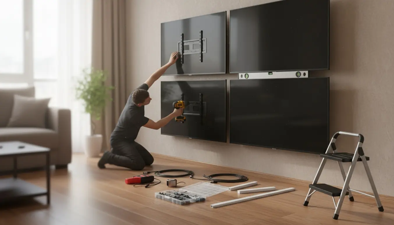 To personer monterer fire fladskærme på en væg med værktøj og kabler i fokus.