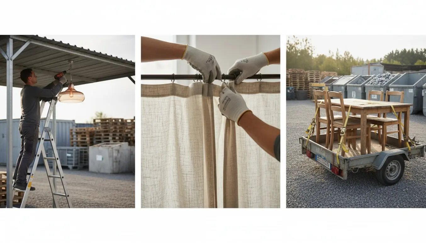 Udeareal ved genbrugsplads med en lampe på vej til ophængning, gardiner og et bord sikret på en trailer.