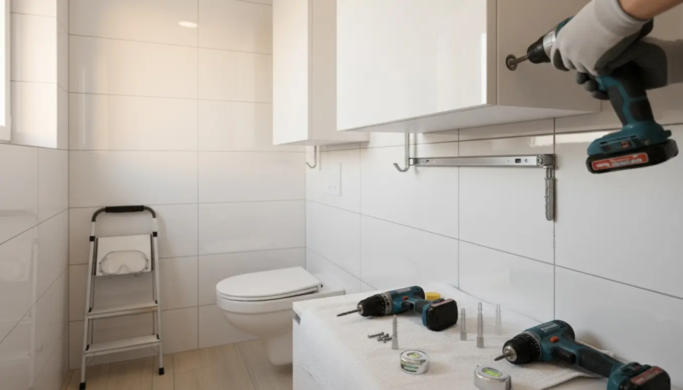 Hænder monterer en hvid væghængt reol over et lille toilet på flisevæg med bor, plugs og monteringsskin i fokus.