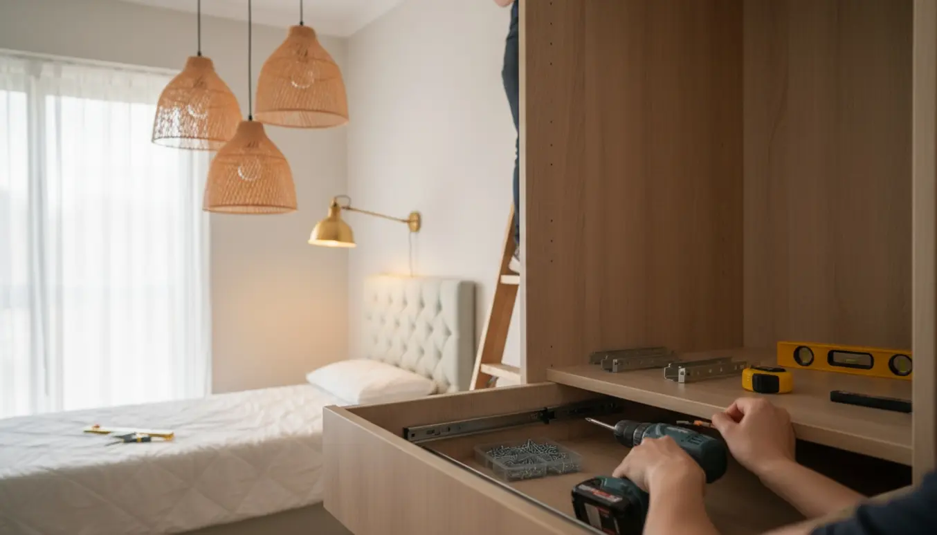 Hænder monterer tre kurvelamper og en væglæselampe i et børneværelse, mens en skuffeskinne sættes i et åbent klædeskab.