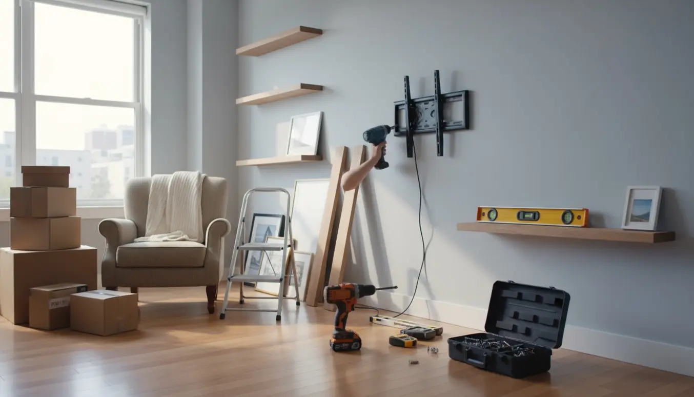Værktøj, hylder og et halvmonteret TV i en lys lejlighed klar til ophængning og genbrugsafhentning.