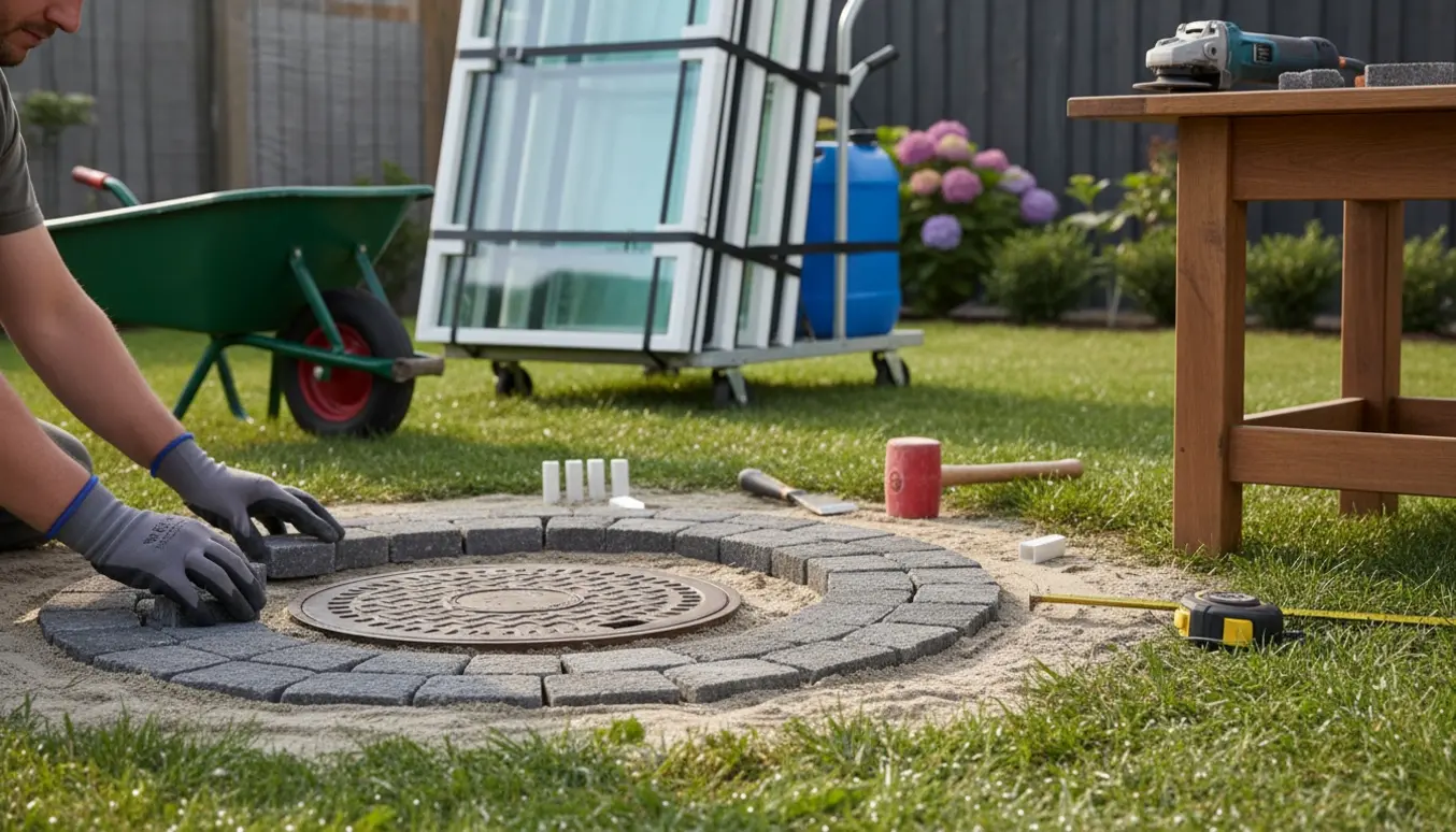 Hænder lægger små fliser rundt om et kloakdæksel i haven med indsamlet drivhusglas og en vandbeholder klar i baggrunden.