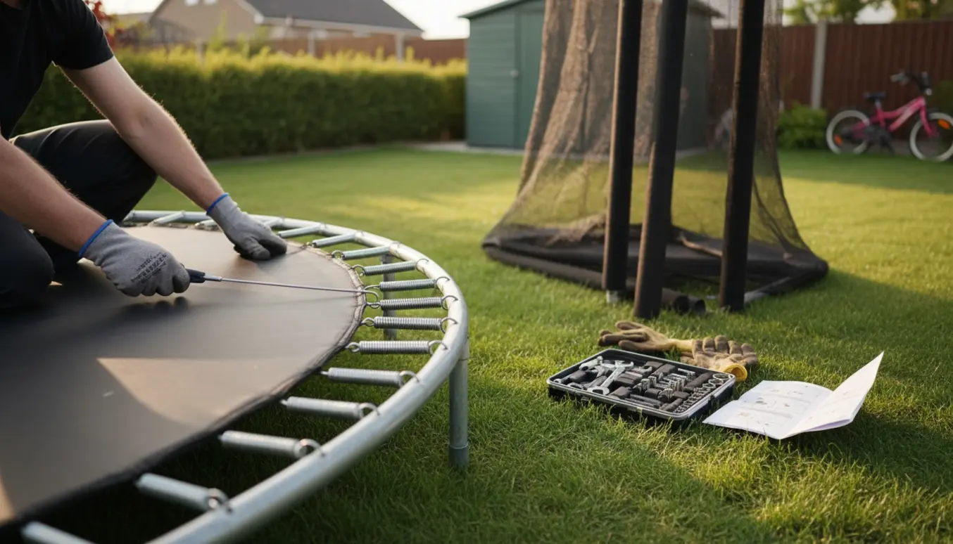 Hænder spænder fjedre på en trampolinramme i en baghave i varmt eftermiddagsslys.