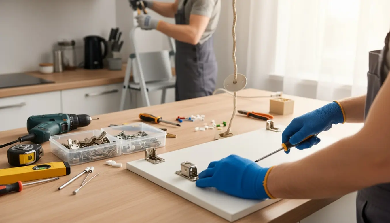 Håndværker justerer skabsbeslag og flytter en lampes ledning i et lyst, moderne køkken.