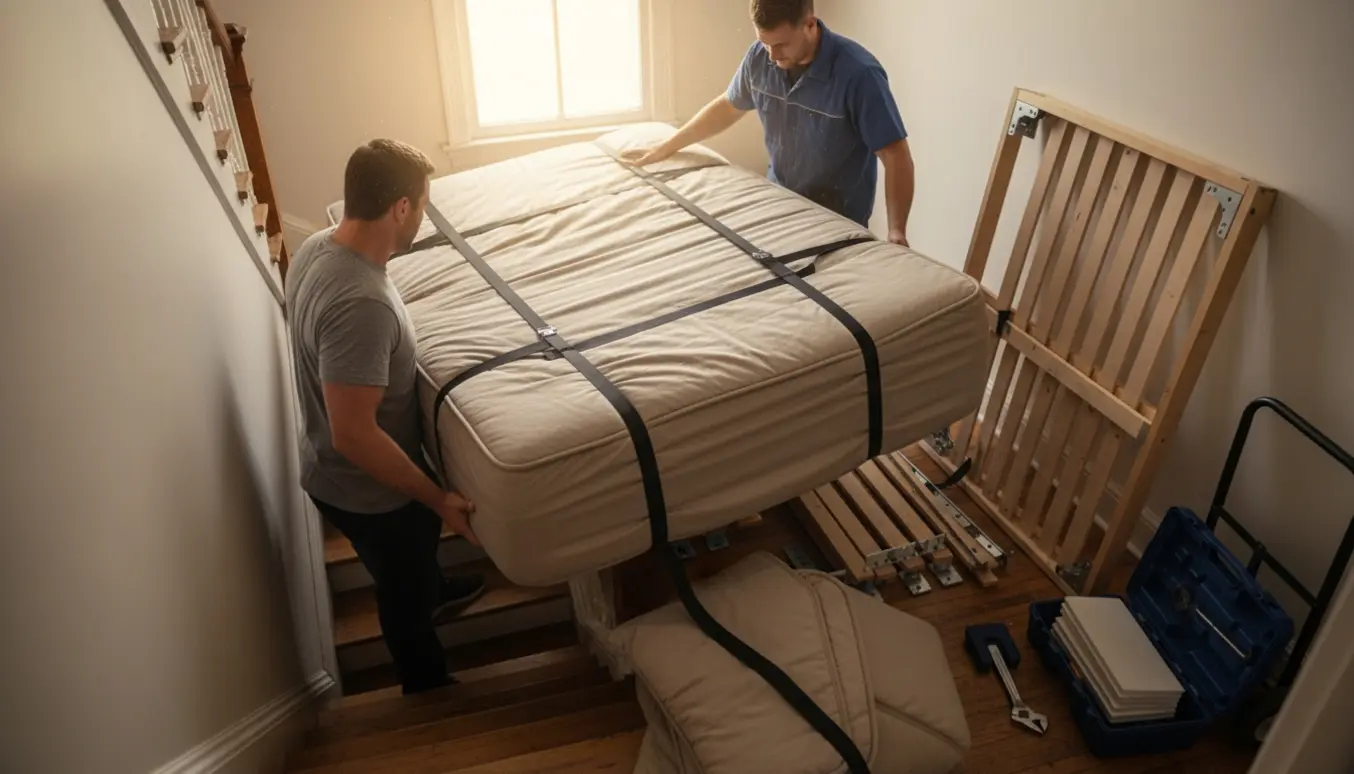 To personer flytter en halvanden mands seng ned ad en trappe med madras indpakket og stel delvist adskilt.