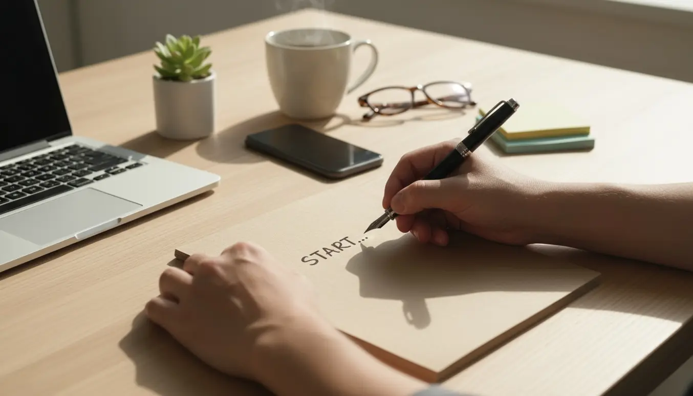 Hænder skriver i en notesbog på et ryddeligt skrivebord med bærbar computer, kaffe og en plante.