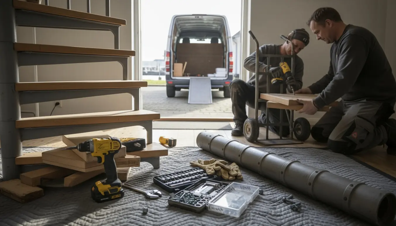 Delvist afmonteret smal vindeltrappe indendørs med værktøj og dele klar til at blive læsset i en varevogn.