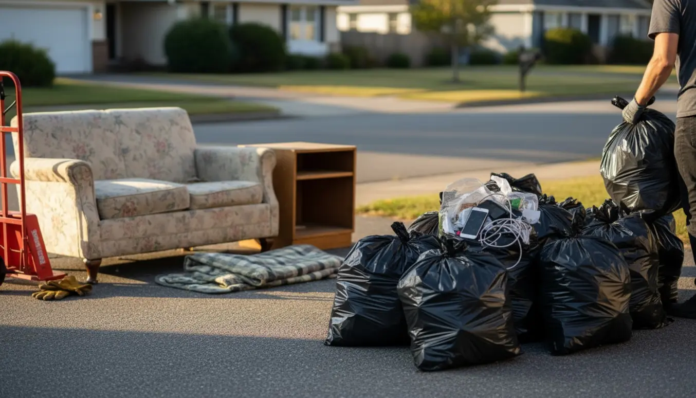 En bunke med omkring 12–15 affaldsposer og tre møbler stillet ved indkørslen.