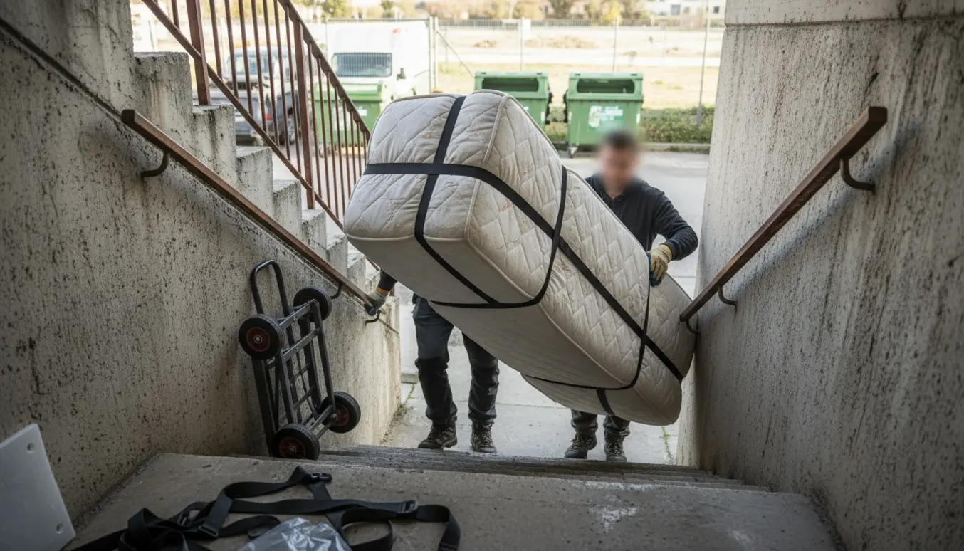 To personer bærer en 160x200 boxmadras ned ad trapper mod en varevogn ved en genbrugsplads.