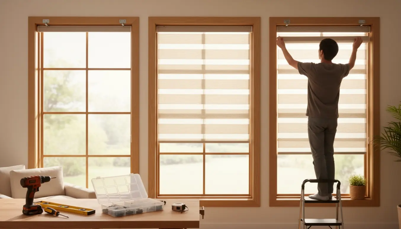 Tre vinduer med persienner under montering, hænder holder en persienne og et åbent værktøjsfad med tomme rum til skruer og rawlplugs.