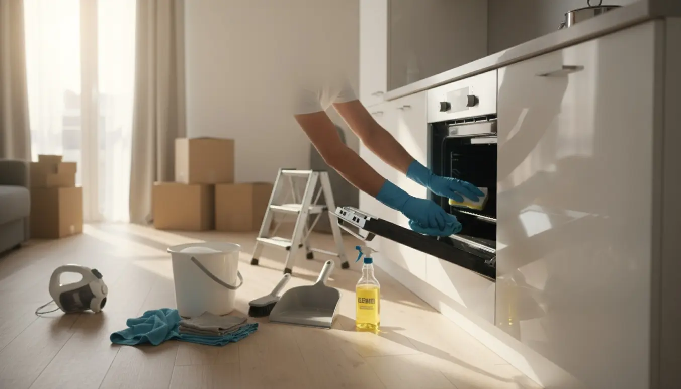 Solbeskinnet lille 26 m² lejlighed hvor handskerede hænder rengør ovnen i det lille køkken.