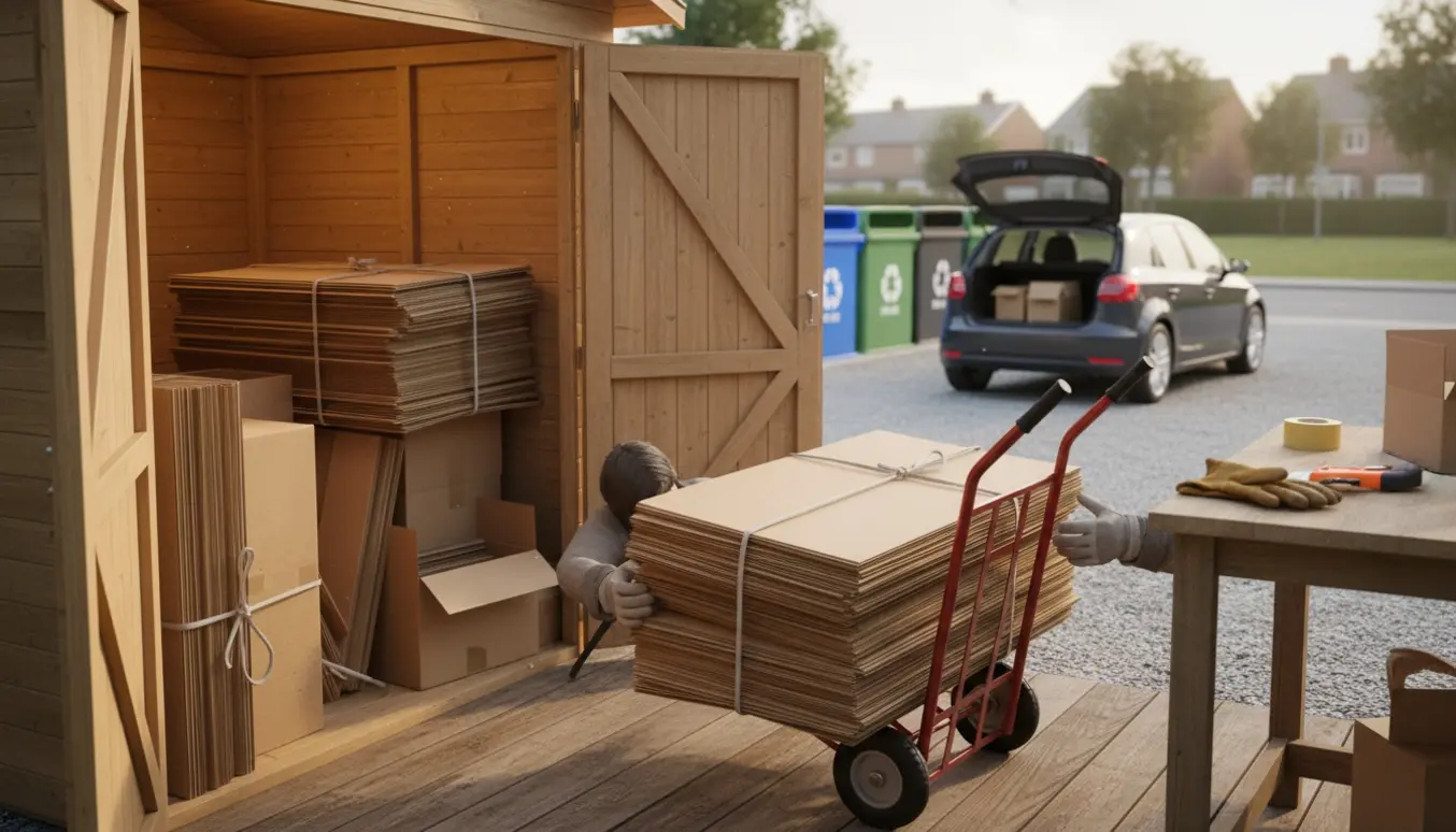Et lille skur tømmes for pap, stabler af sammenfoldet pap og en person læsser pap i en bil.