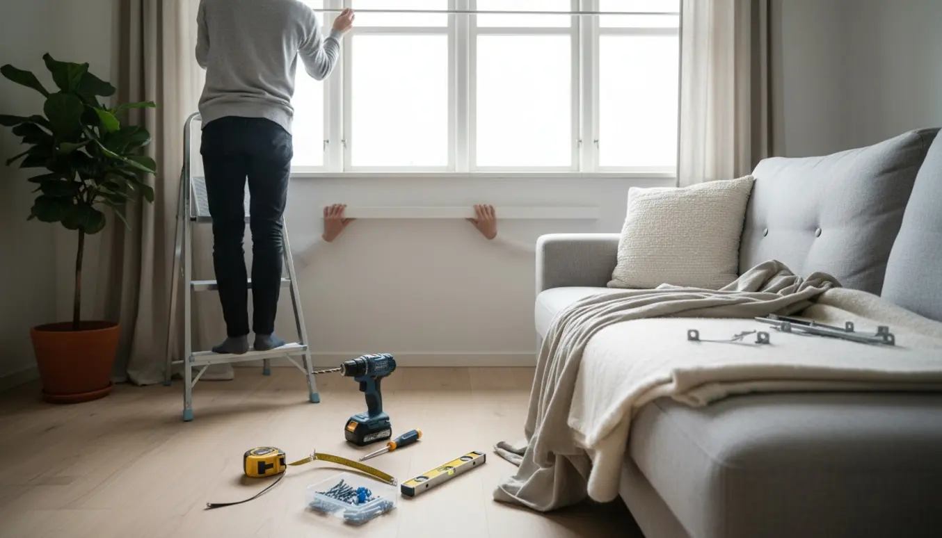 Person på trinladder monterer gardinstang og en hvid billedhylde i en lys, skandinavisk stue.