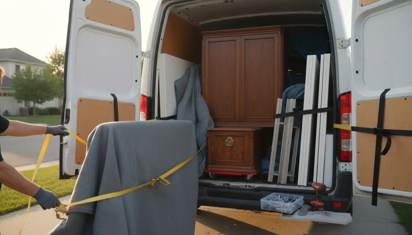 Lastning af to adskilte skriveborde, en trefløjet skænk og en mindre kiste i en varevogn på en indkørsel.